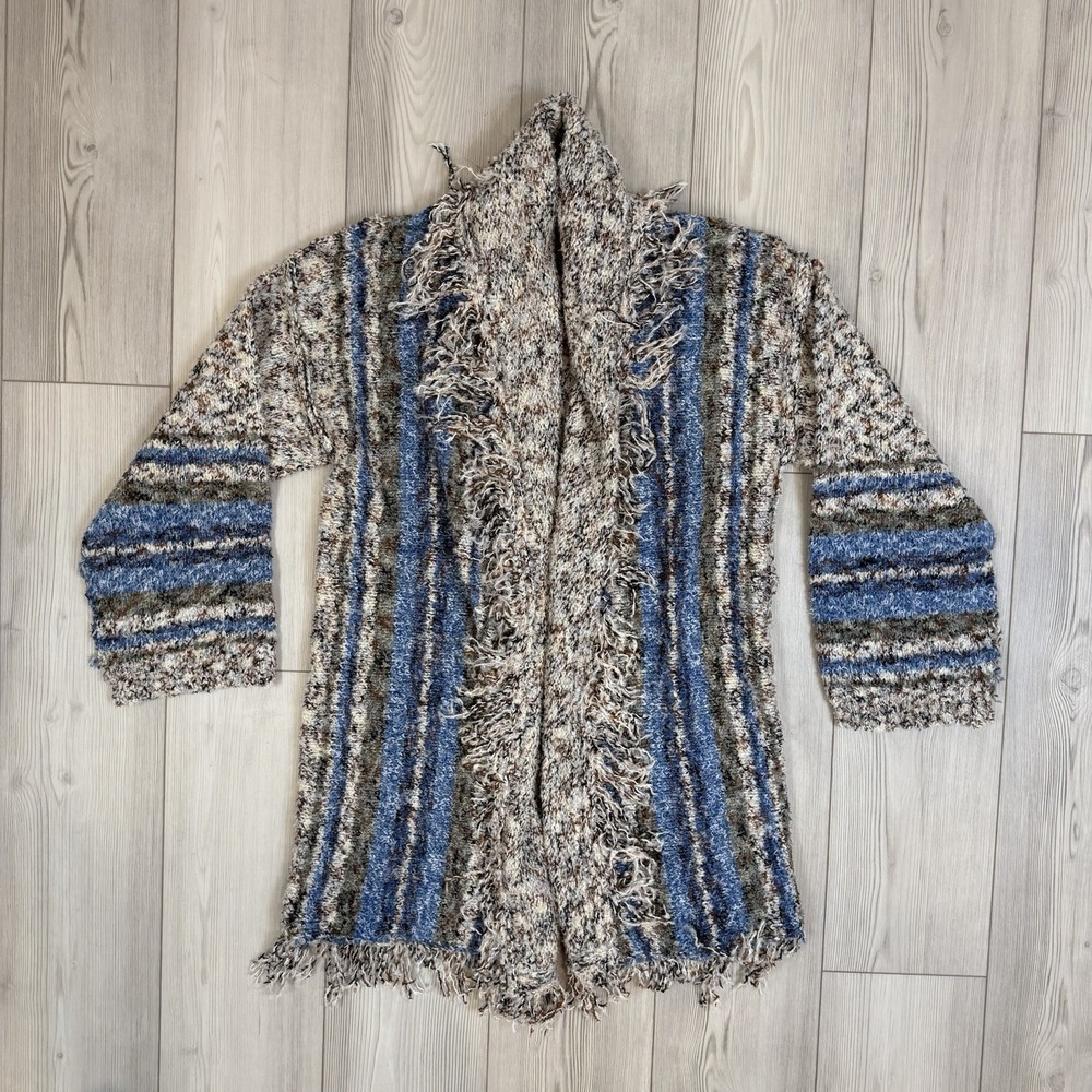 POL Medium Long Open Front Cardigan Fringe Detail Textured Blue Stripe Boho